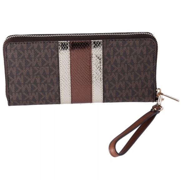 Michael Kors Jet Set Large Continental Wristlet Wallet Center Stripe MK Brown - Picture 2 of 3